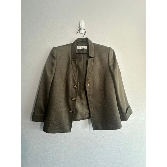 Tahari Arthur S Levine Womens Blazer Jacket Olive Green Three Button Textured - Picture 9 of 16